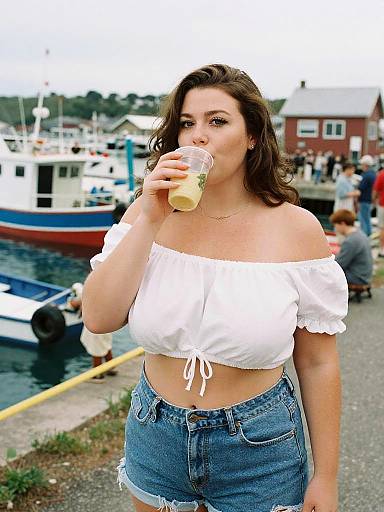 Photograph of a curvy, fair-skinned woman with long brown hair, wearing a white off-shoulder crop top and high-waisted