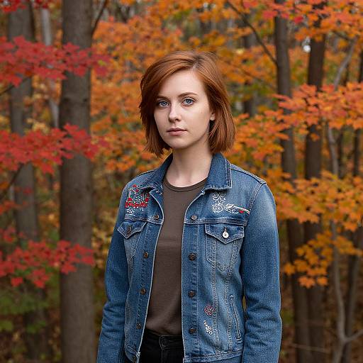 Photograph of a young white woman with short auburn hair, wearing a blue denim jacket with patches, brown shirt, standing in a forest with