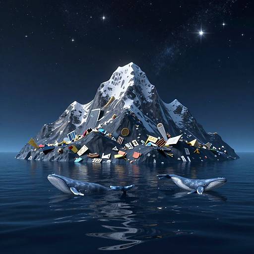 Digital artwork of a snow-capped mountain illuminated with colorful geometric shapes, surrounded by calm ocean and two whales, under a starry night sky.