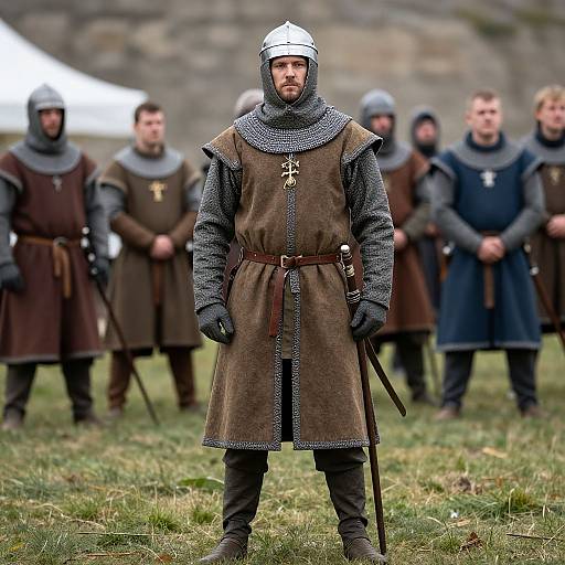 Photograph of medieval knight in brown tunic, chainmail, and silver helmet, standing center with sword, surrounded by five armored soldiers.