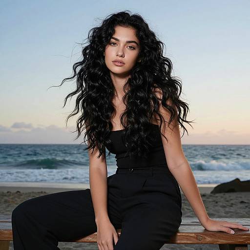 Photograph of a young woman with long, wavy black hair, wearing a black strapless top and high-waisted pants, sitting on a