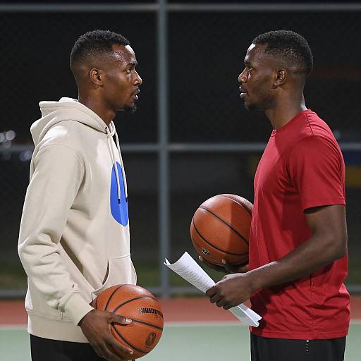 Two Men Holding Basketballs on Court