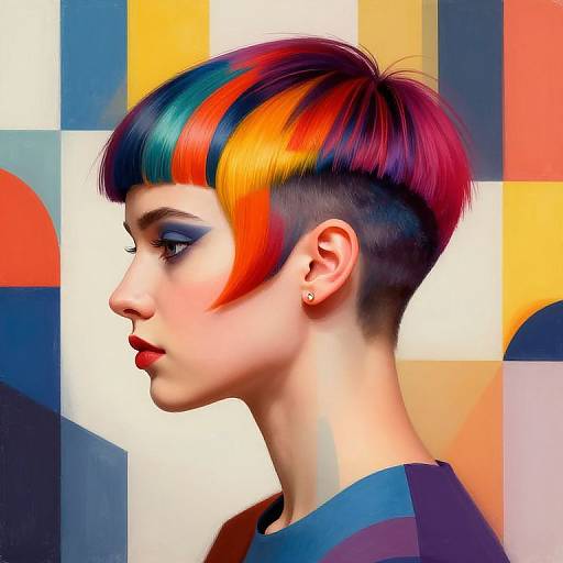 Digital portrait of a pale-skinned woman with vibrant, multi-colored mohawk, bold blue eyeshadow, and red lipstick, wearing a blue shirt