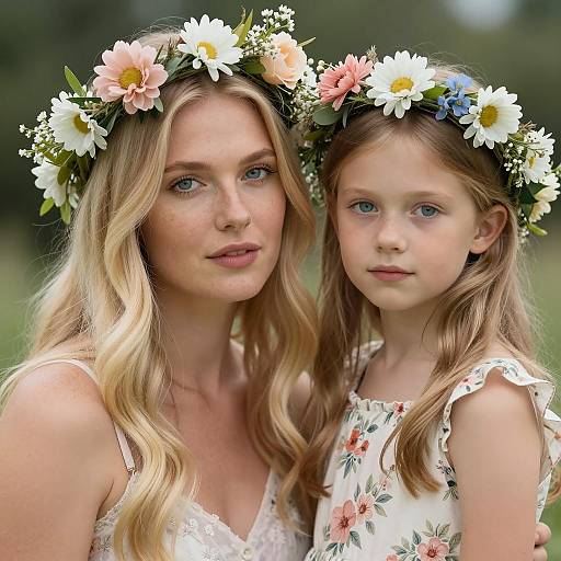 Blonde Woman and Girl in Floral Crowns