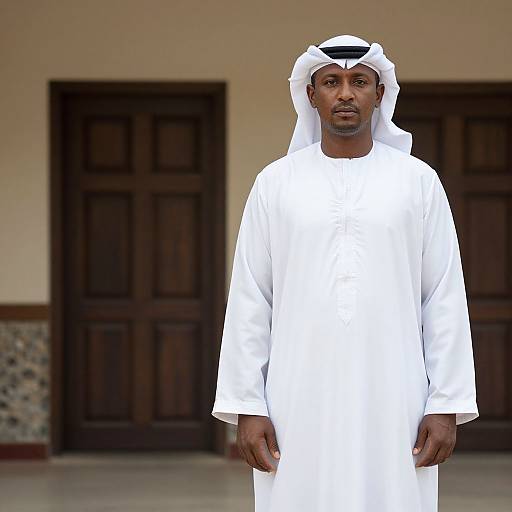 Photograph of a serious dark-skinned man in traditional white Arabian thobe and white headscarf, standing in front of dark wooden doors.