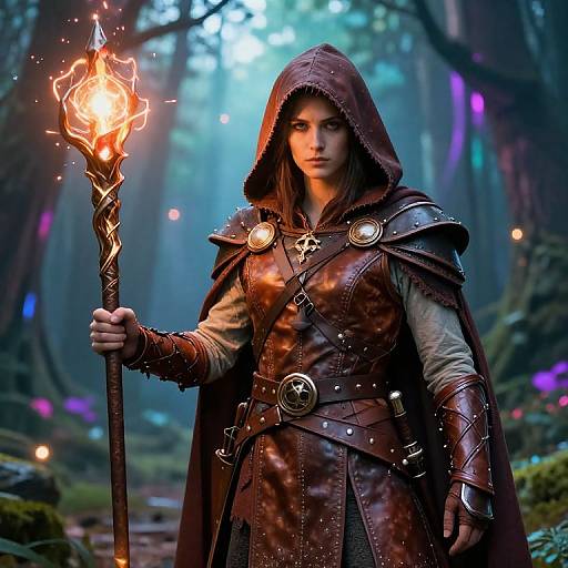 Digital art of a fierce, hooded woman with brown leather armor holding a glowing, fiery staff in a mystical forest.