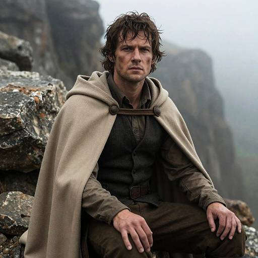 Rugged Man in Misty Rocky Landscape