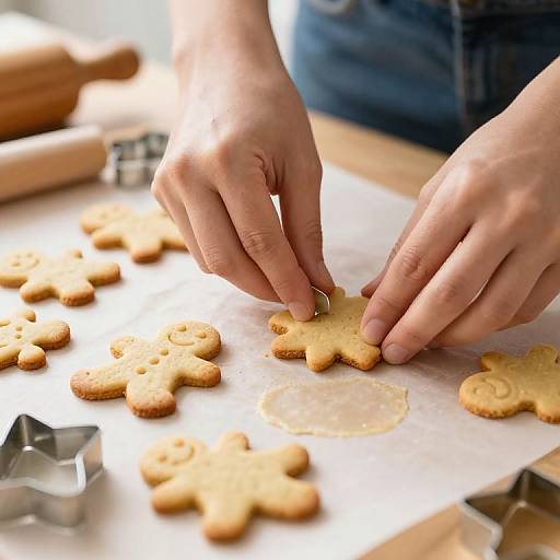Photograph of hands placing a gingerbread cookie on parchment paper, surrounded by other cookies, with a rolling pin and metal cutters in the background.