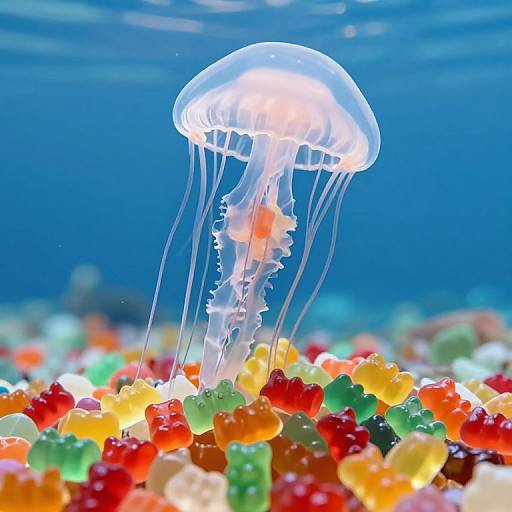 Giant Jellyfish Over Gummy Bear Landscape