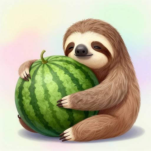 Digital illustration of a cute, brown-furred sloth hugging a large, green watermelon with dark stripes, smiling happily against a white gradient background