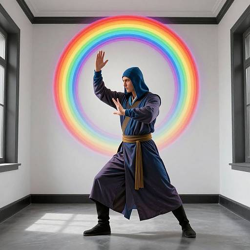 Photograph of a man in a blue hooded robe, standing in a white room, casting a vibrant rainbow ring of light behind him, arms raised