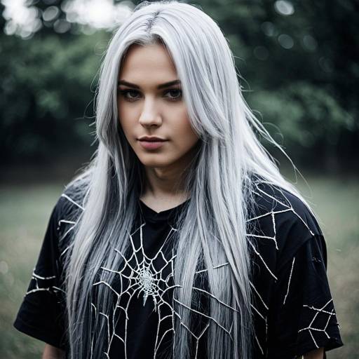 Woman in Silver Hair and Web Pattern Shirt