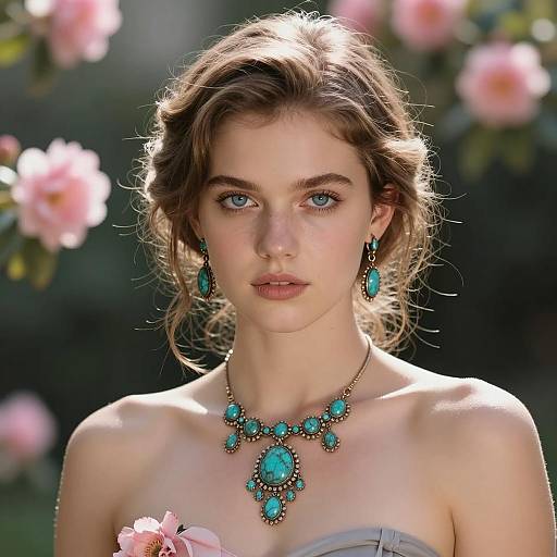 Portrait of Woman with Turquoise Jewelry and Pink Flowers
