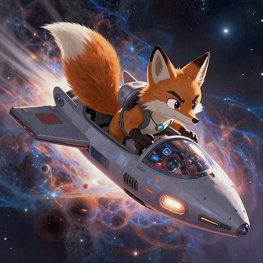 Digital artwork of an anthropomorphic fox piloting a futuristic, sleek spaceship, soaring through a colorful, cosmic nebula with bright stars.