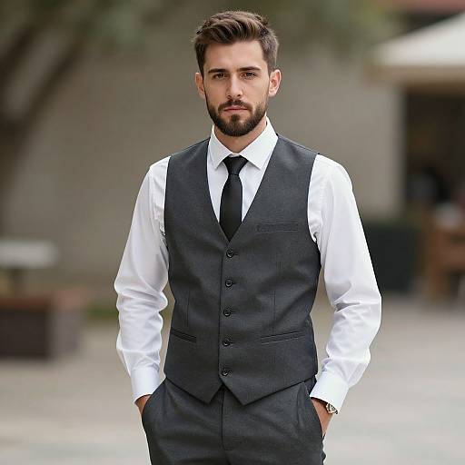 Photograph of a handsome, bearded man with short dark hair, wearing a black vest, white shirt, and black tie, standing confidently with hands