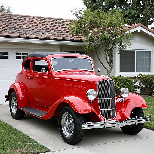 Photograph of a shiny red vintage 1940s car with black hood and trim, parked on a suburban driveway, in front of a white house