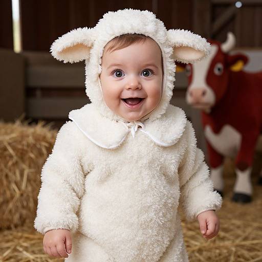 Photograph of a smiling baby in a fluffy white lamb costume, standing in a barn with hay and a brown cow in the background.