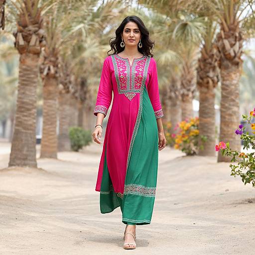 Photograph of a confident South Asian woman with long black hair, wearing a bright pink and green traditional kurta with intricate embroidery, walking down a palm