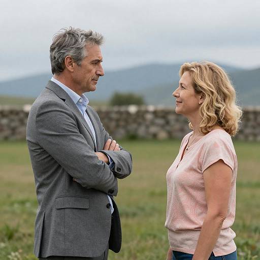 Middle-aged Couple Facing Each Other Outdoors