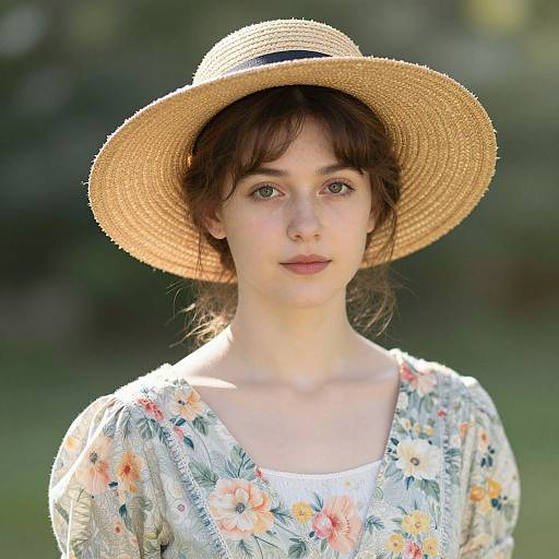 Photograph of a young woman with fair skin, brown eyes, and brown hair wearing a straw hat and floral dress, standing outdoors.