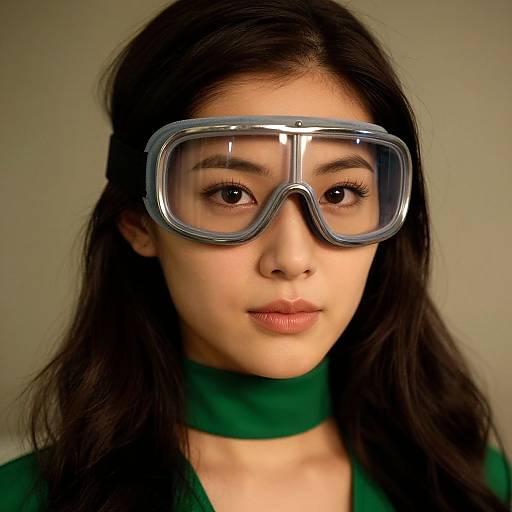 Photograph of a young woman with long dark hair, wearing large silver goggles and a green choker against a plain gray background.