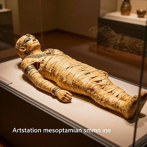 Photograph of a golden mummified Egyptian man lying on a display table, wrapped in intricate bandages, with white text below reading 
