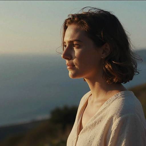 Photograph of a smiling woman with short brown hair, wearing a white blouse, illuminated by sunlight, against a blurred coastal background.
