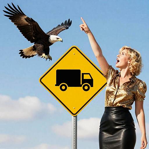 Blonde Woman Pointing at Flying Bald Eagle Near Road Sign