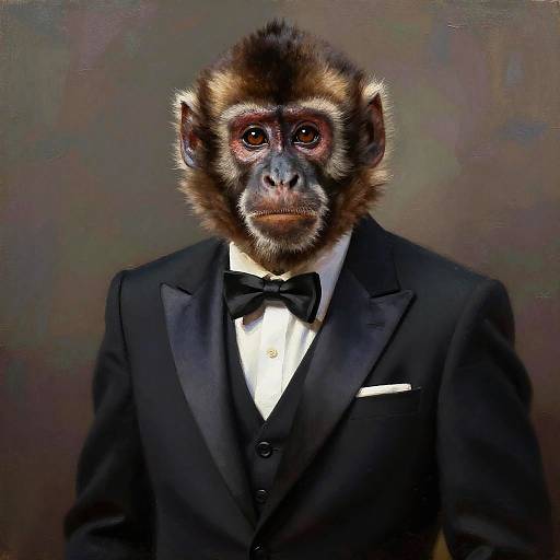 Photorealistic digital artwork of a chimpanzee in a black tuxedo with bow tie, white shirt, and pocket square, against a dark,