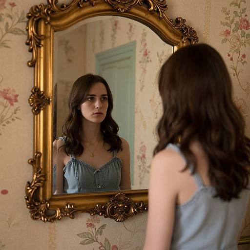 Contemplative Woman Before Vintage Mirror