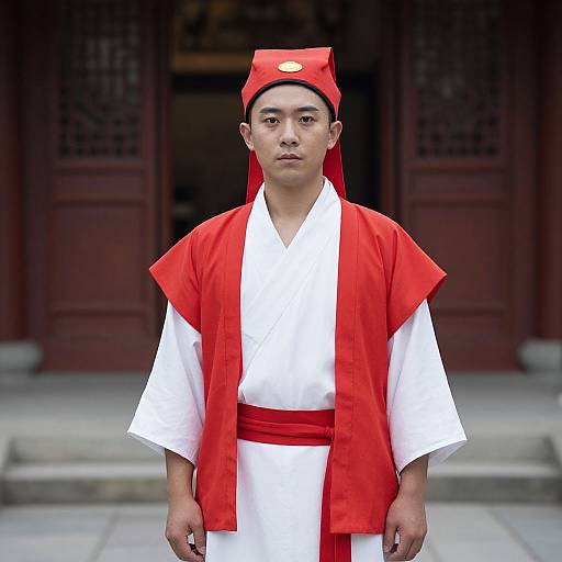 Photograph of a young Asian man in traditional white and red Shinto priest attire, standing in front of a red wooden temple door.