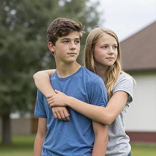Teenage Girl Hugging Boy Outdoors