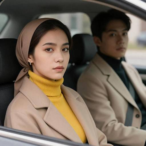 Serious Asian Couple Sitting in Car