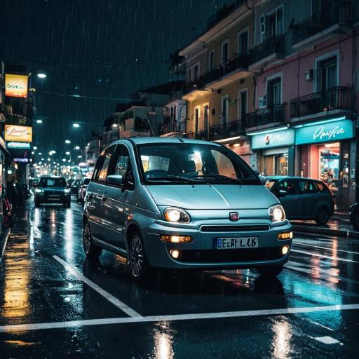 Fiat Multipla Driving on Rainy City Street at Night
