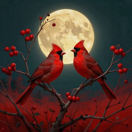 Digital artwork of two vivid red cardinals facing each other on a branch with red berries, against a full moon backdrop.
