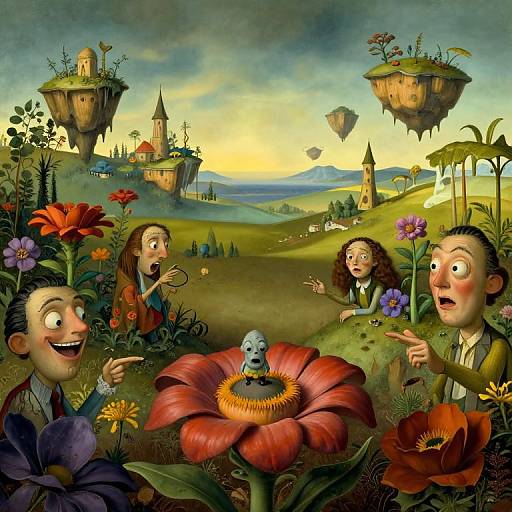 Whimsical digital illustration of four excited people with wide eyes, pointing at a small, smiling face in a large red flower, surrounded by floating islands
