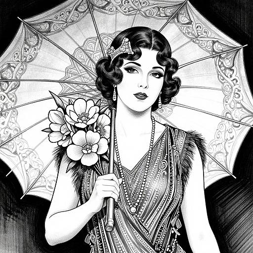 Black-and-white digital illustration of a vintage, flapper-style woman holding an ornate umbrella with flowers, wearing a beaded dress and feathered shoulders