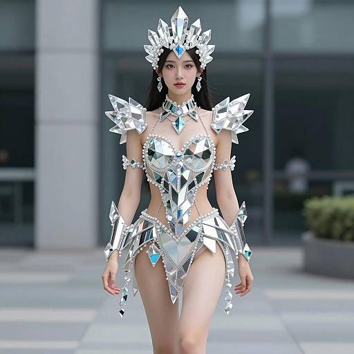 Woman in Crystal-Inspired Reflective Cosplay Outfit