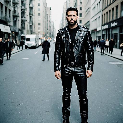 Photograph of a bearded, dark-haired man in a black leather jacket and pants standing confidently on an urban street, surrounded by pedestrians and buildings.
