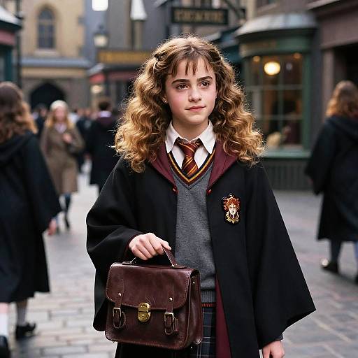 Photograph of a young woman with curly brown hair, wearing a Hogwarts school uniform, holding a brown leather satchel, standing on a busy,