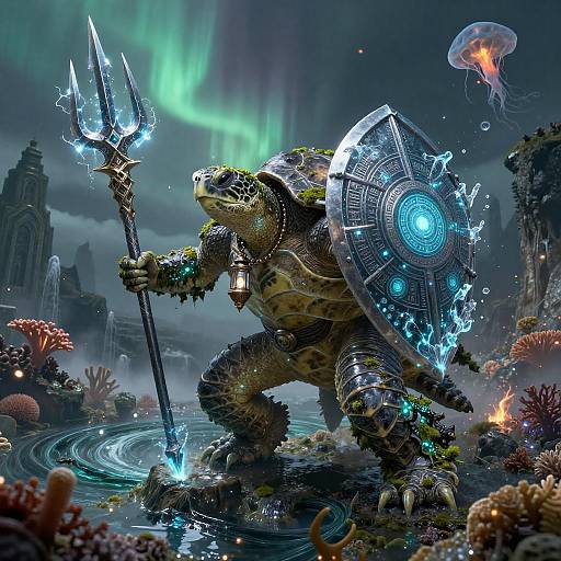 Armored Tidal-Turtle Battle Mage with Trident and Shield