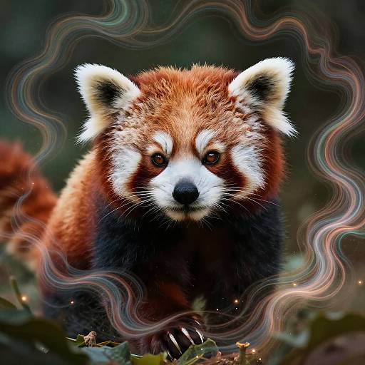 Photograph of a red panda with vivid, wavy, rainbow-like borders, staring directly ahead. Rich reddish-brown fur, white face markings