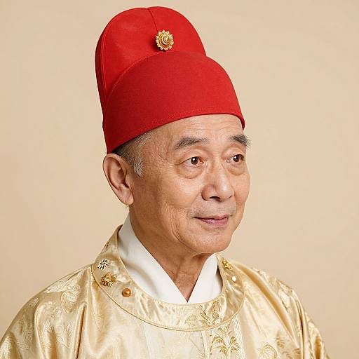 Photograph of an elderly Asian man in a red ceremonial hat and gold embroidered robe, smiling against a plain beige background.