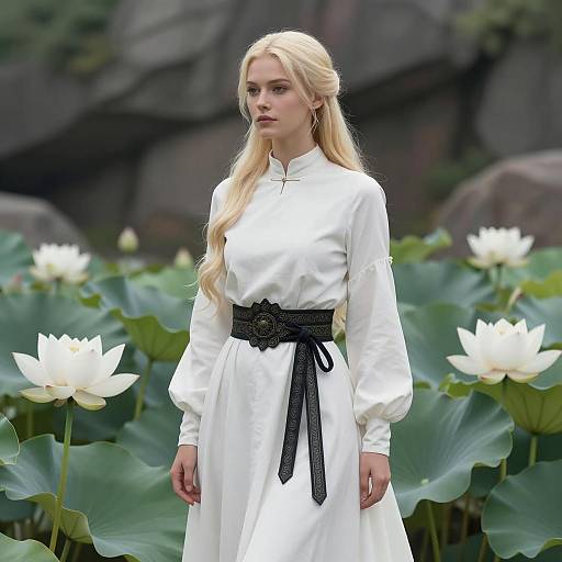 Blonde Woman in White Dress Among Lotus Flowers