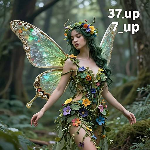 Digital fantasy artwork of a green-haired fairy with colorful flower crown, translucent wings, and leafy dress in a forest, text 