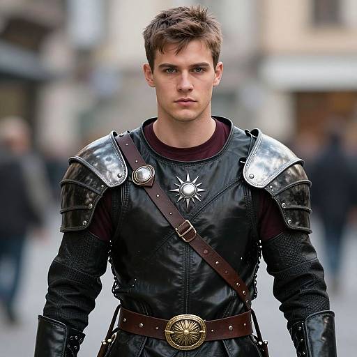 Photorealistic CGI of a young, serious-looking man with short brown hair, wearing medieval black leather armor with silver shoulder plates and a star pendant,