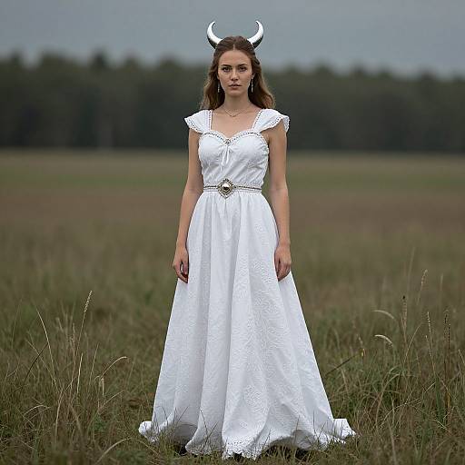 Photograph of a woman with brown hair, white lace dress, and white horn headpiece, standing in a grassy field, under a cloudy sky