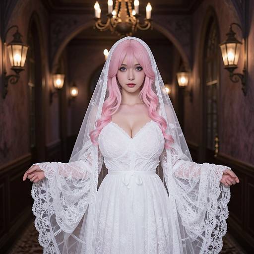 Photograph of a fair-skinned woman with pink hair, wearing a white lace wedding dress and veil, standing in a dimly lit, Gothic-style