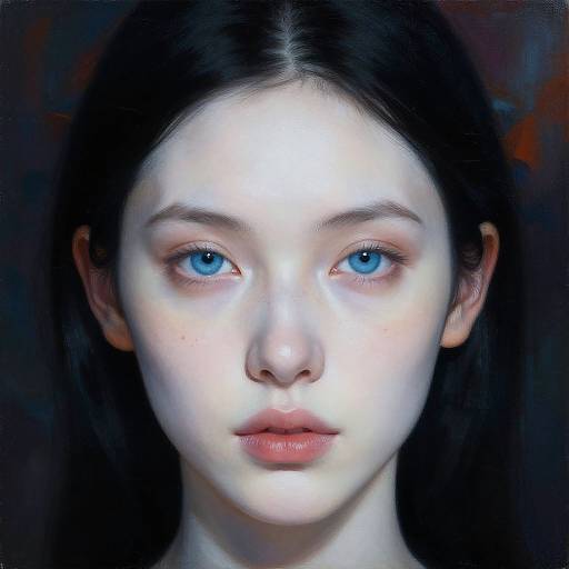 Digital portrait of a young woman with pale skin, striking blue eyes, and long black hair, set against a dark, abstract background.