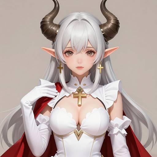 Digital anime drawing of a white-haired, gray-eyed demon girl with black horns, pointed ears, white dress, red cape, gold cross earrings, and